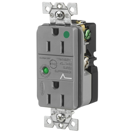 HUBBELL WIRING DEVICE-KELLEMS Hospital Grade Surge Suppression Receptacle, Duplex, 15A 125V, 5-15R, Gray HBL8262GYSA